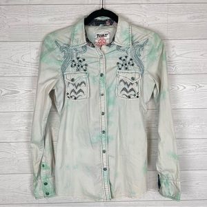ROAR Ikat Get Enough Teal Button Down Shirt Size Large